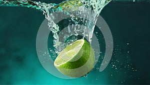 Falling of fresh lime into water against dark turquoise background