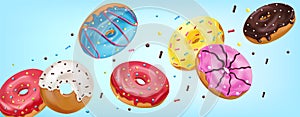 Falling glazed sweet buns on blue background. Realistic Colorful donuts with pink, chocolate, blue, yellow and white