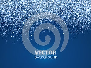 Falling glitter confetti, snow. Vector dust, explosion on blue background.