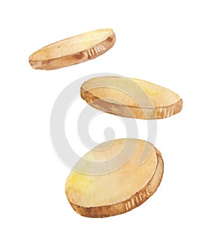 Falling gold coins, falling money. Jackpot or success concept. Watercolor hand drawn illustration, isolated on white background