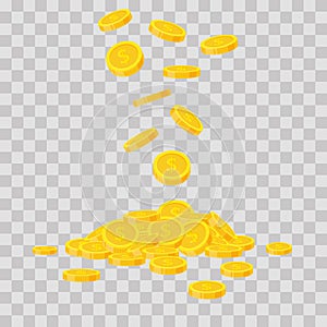Falling gold coins on transparent background. Cash money heap. Commercial banking, finance concept in flat style