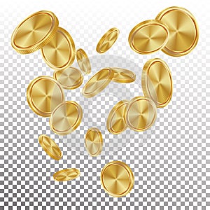 Falling Gold Coins Vector. Flying Realistic Golden Coins Explosion. Transparent Background. Casino Prize Money Fortune