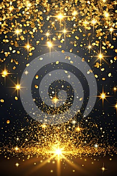 Falling Gold Confetti on Black Background for Festive Event Design photo