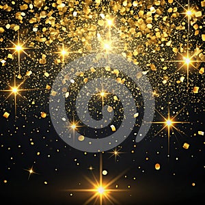 Falling Gold Confetti on Black Background for Festive Event Design photo