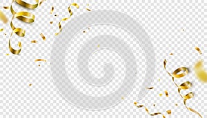 Falling gold confetti, serpentine ribbons isolated on transparent vector background. Glitter tinsel, shiny golden