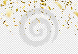 Falling gold confetti, serpentine ribbons isolated on transparent vector background. Glitter tinsel, shiny streamer