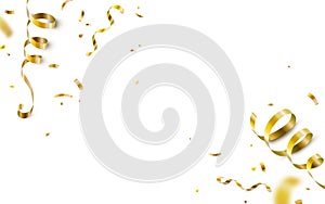 Falling gold confetti, serpentine ribbons isolated on white vector background. Glitter tinsel, shiny golden streamers