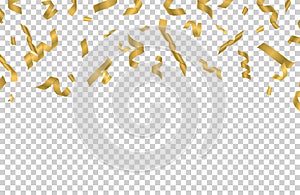 Falling gold ribbons. Golden confetti isolated on transparent background. Vector party festive banner with silk ribbons