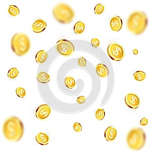 Falling golden coins isolated on transparent background. Shiny metal dollar rain. Casino jackpot win. 3D Golden Coins Background