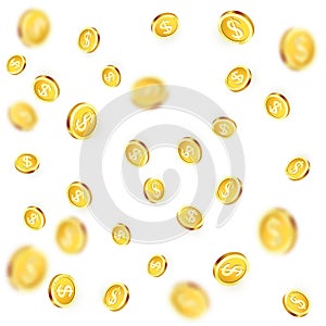 Falling golden coins. Shiny metal dollar rain. Casino jackpot win. Vector illustration