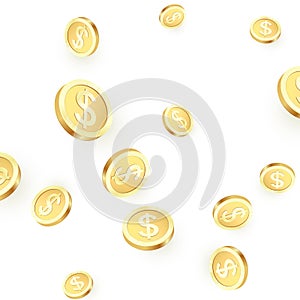 Falling golden coins. Shiny metal dollar rain. Casino jackpot win. Vector illustration isolated on white background
