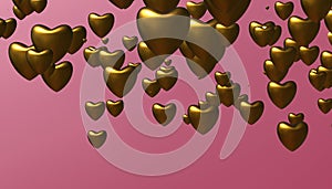 Falling golden hearts 3d rendering background. Romantic hearty rain precious metal on pink space Valentines Day.