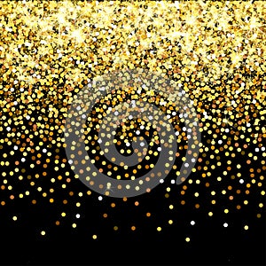 Falling golden particles on a black background. Scattered golden confetti. Rich luxury fashion backdrop. Bright shining