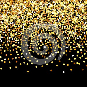 Falling golden particles on a black background. Scattered golden confetti. Rich luxury fashion backdrop. Bright shining