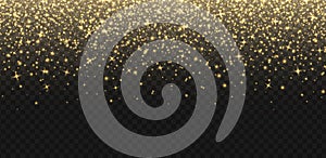 Falling golden sparkles, abstract luminous particles, yellow stardust. Flying Xmas glares and sparks. Luxury background.