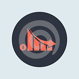 Falling graph dollar red color down. simple vector symbol in flat style