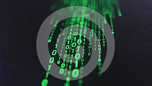 Falling green binary code on dark background