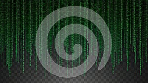 Falling green binary code on dark background