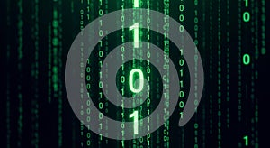 Falling Green Binary Code Streams on a Dark Background Representing Data and Technology digital