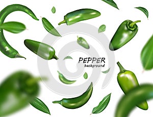 Falling green chili or chilli pepper isolated on white Realistic vector, 3d illustration