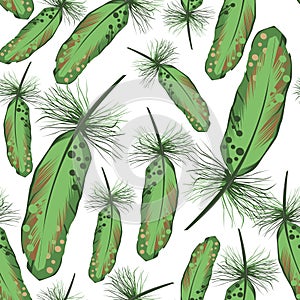 Falling green feathers on white seamless vector pattern.