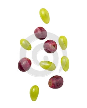 Falling green and red grapes isolated on white background with clipping path.