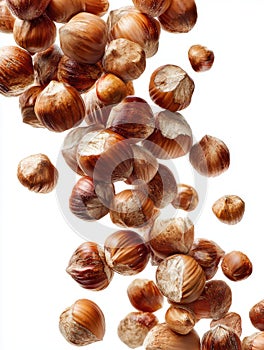 Falling Hazelnuts Against White Background