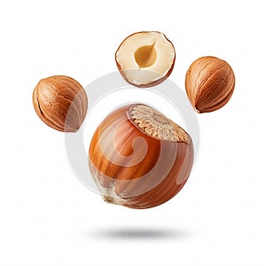 Falling hazelnuts, isolated on white background