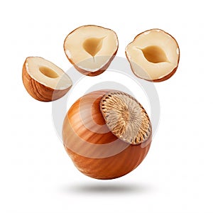 Falling hazelnuts, isolated on white background