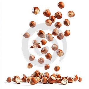 Falling Hazelnuts on White Background Fresh and Delicious