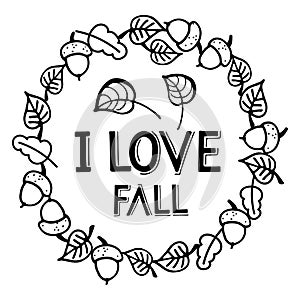 Falling leaves frame with I love Fall text. Autumn Hand written lettering on white. Autumn, Thanksgiving, Halloween, Harvest Party