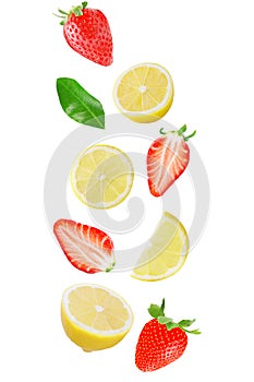 Falling lemon and strawberry isolated on white