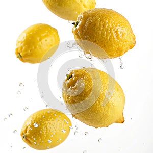 Falling Lemons Isolated on White Background