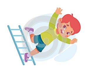 Falling Little Boy Character Slip on Stepladder Vector Illustration