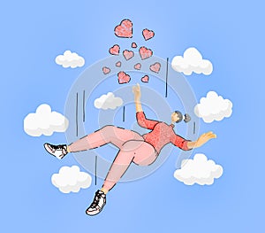 Falling in Love Concept with Stylized Cartoon Young Woman and Hearts