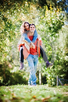 Falling in love. Romantic couple enjoying in meadow walk together in nature outdoor