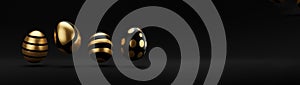 Falling luxury golden 3d easter egg with pattern on black background. 3d rendering Happy Easter Luxury background with golden and