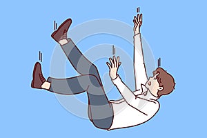 Falling man in business attire symbolizing failure or bankruptcy associated with being fired