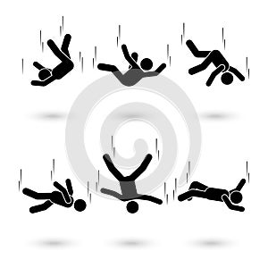 Falling man stick figure pictogram. Different positions of flying person icon set symbol posture on white.