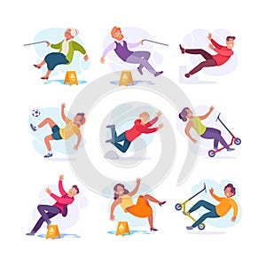 Falling Man and Woman Character Slip on the Ground Vector Set