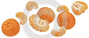 Falling mandarin orange fruits isolated on white background, collection