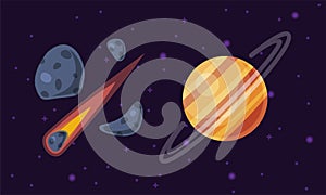 Falling meteor and saturn planet vector illustration on white background