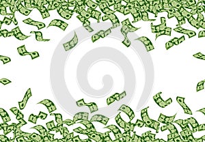 Falling money pattern. Dollar banknotes flying seamless pattern, cash money bills rain. Falling dollars bills vector