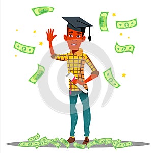Falling Money On Smiling Student In Graduate Cap With Diploma Vector. Isolated Illustration