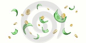 Falling money wallpaper. 3D dollars and coins stream. Financial success concept. Cartoon gold coins and green paper currency.