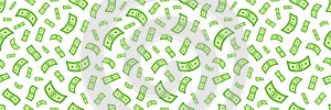 Falling money web banner. Dollar rain texture. Flying cash pattern. Paper banknote icon. American currency. Business pay