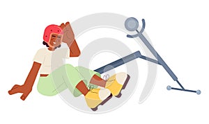 Falling off scooter laughing woman cartoon flat illustration