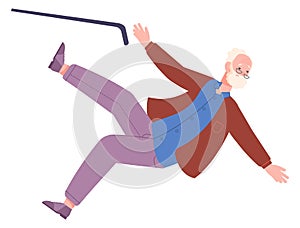 Falling old man. Slipping senior fall down