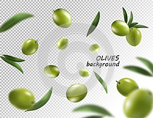 Falling olive isolated on transparent background. 3d vector illustrasion