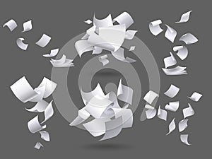 Falling paper sheets. Flying papers pages, white sheet documents and blank document page on wind isolated vector illustration set